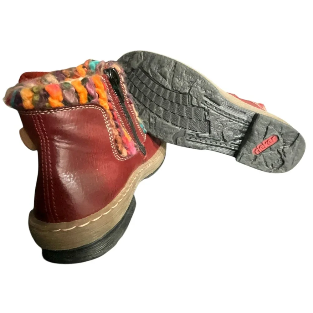 Rieker Ankle Boots Womens 39 burgundyKnit Collar Leather wool Zip Up Z6784-35